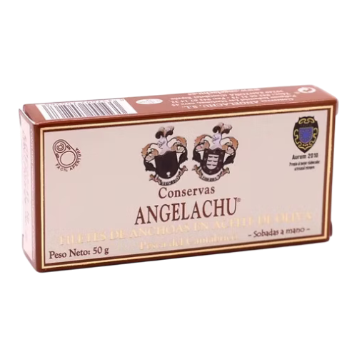 The Artisan Cheese Room Conservas Angelachu anchovy fillets in olive oil, 50g rectangular brown tin packaging.