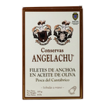 The Artisan Cheese Room Conservas Angelachu gourmet anchovy fillets in olive oil, 115g tin with heraldic branding.