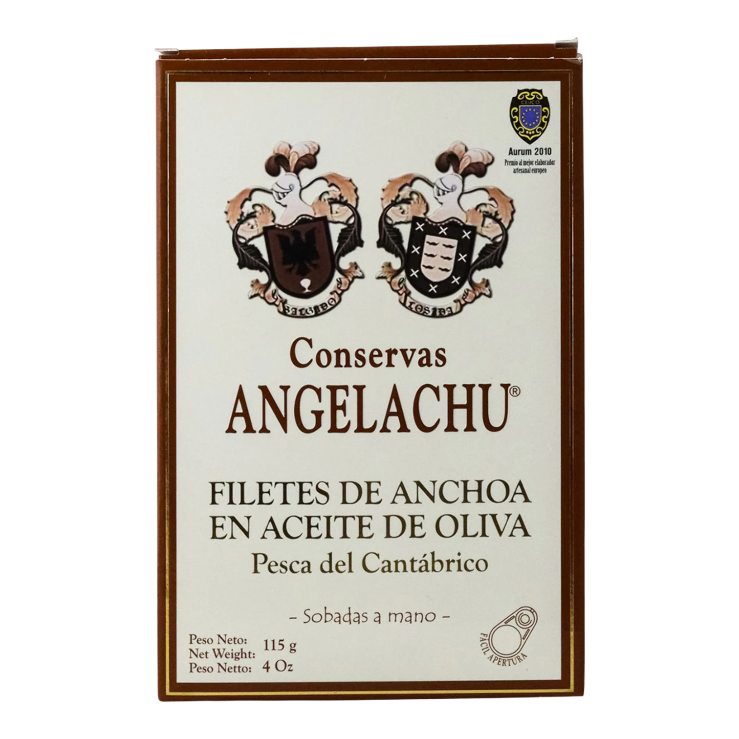 The Artisan Cheese Room Conservas Angelachu gourmet anchovy fillets in olive oil, 115g tin with heraldic branding.