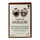 The Artisan Cheese Room Conservas Angelachu gourmet anchovy fillets in olive oil, 115g tin with heraldic branding.