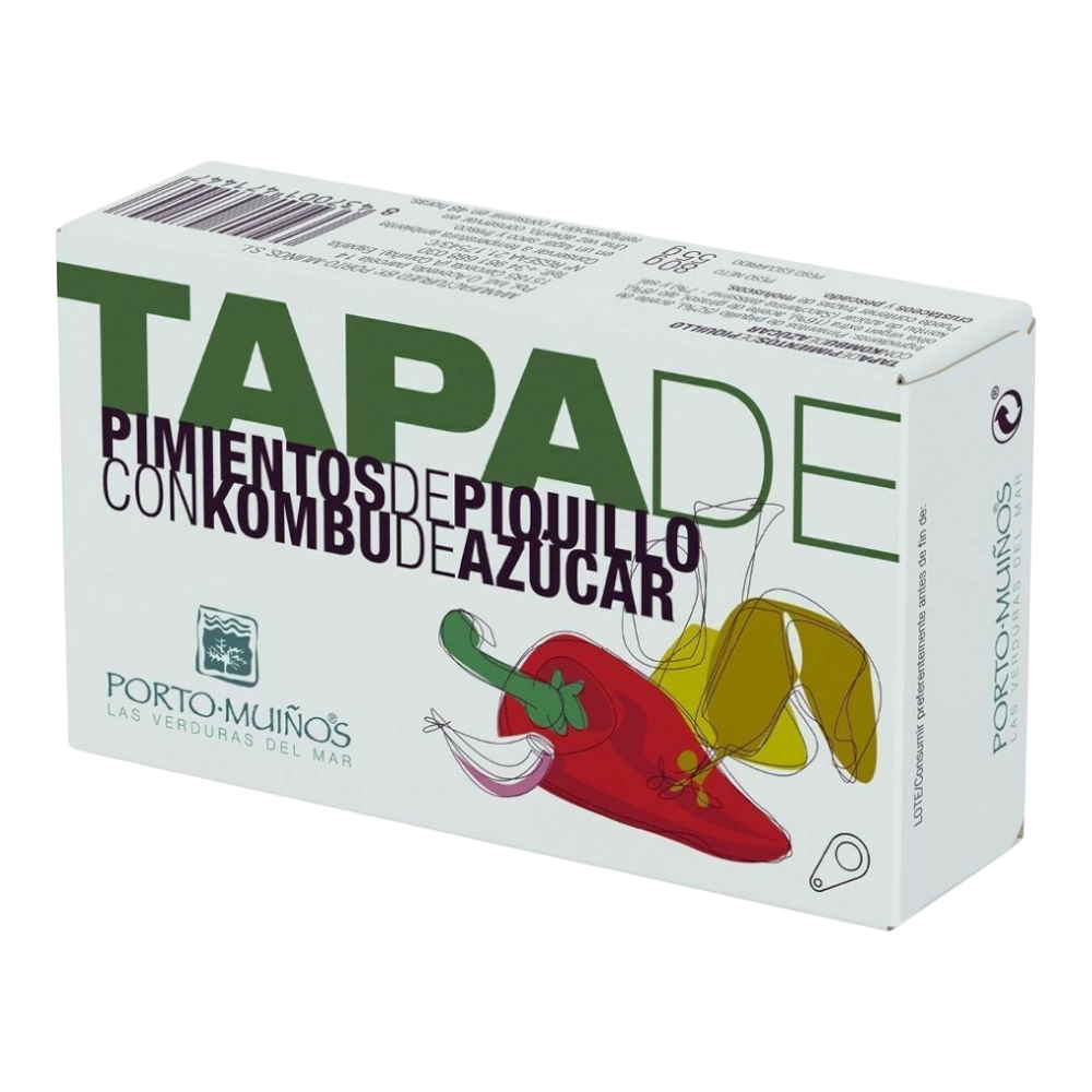 The Artisan Cheese Room Porto-Muiños box of Piquillo peppers with sweet kombu featuring illustrated pepper graphics