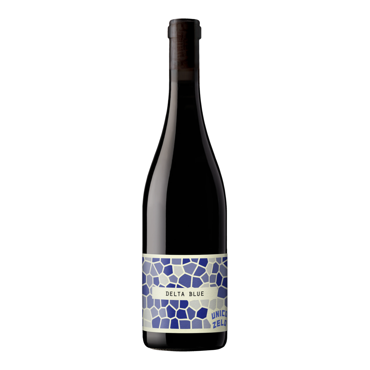 The Artisan Cheese Room Unico Zelo Delta Blue Cabernet blend wine bottle with a blue mosaic patterned label
