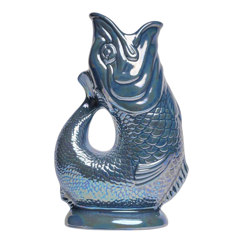 The Artisan Cheese Room XL Gluggle Jug in a reflective denim blue lustre finish with iconic fish-shaped design.