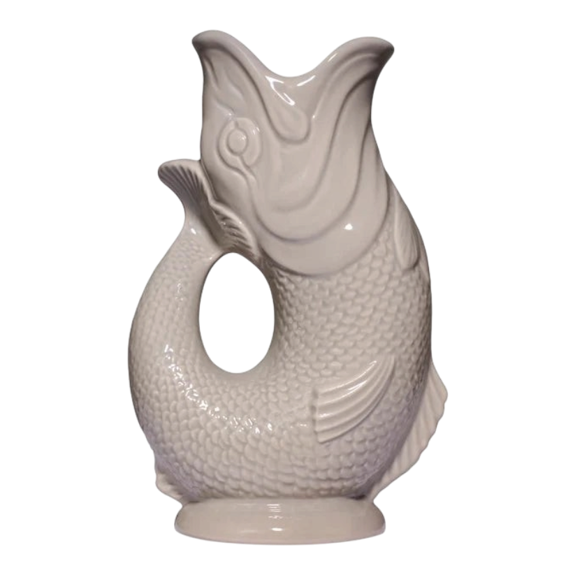 The Artisan Cheese Room Original Gluggle Jug in a mushroom earthy neutral tone with an iconic fish-shaped design.