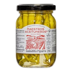 The Artisan Cheese Room jar of pickled Guindilla Piparra peppers in vinegar, featuring a white label with red text.