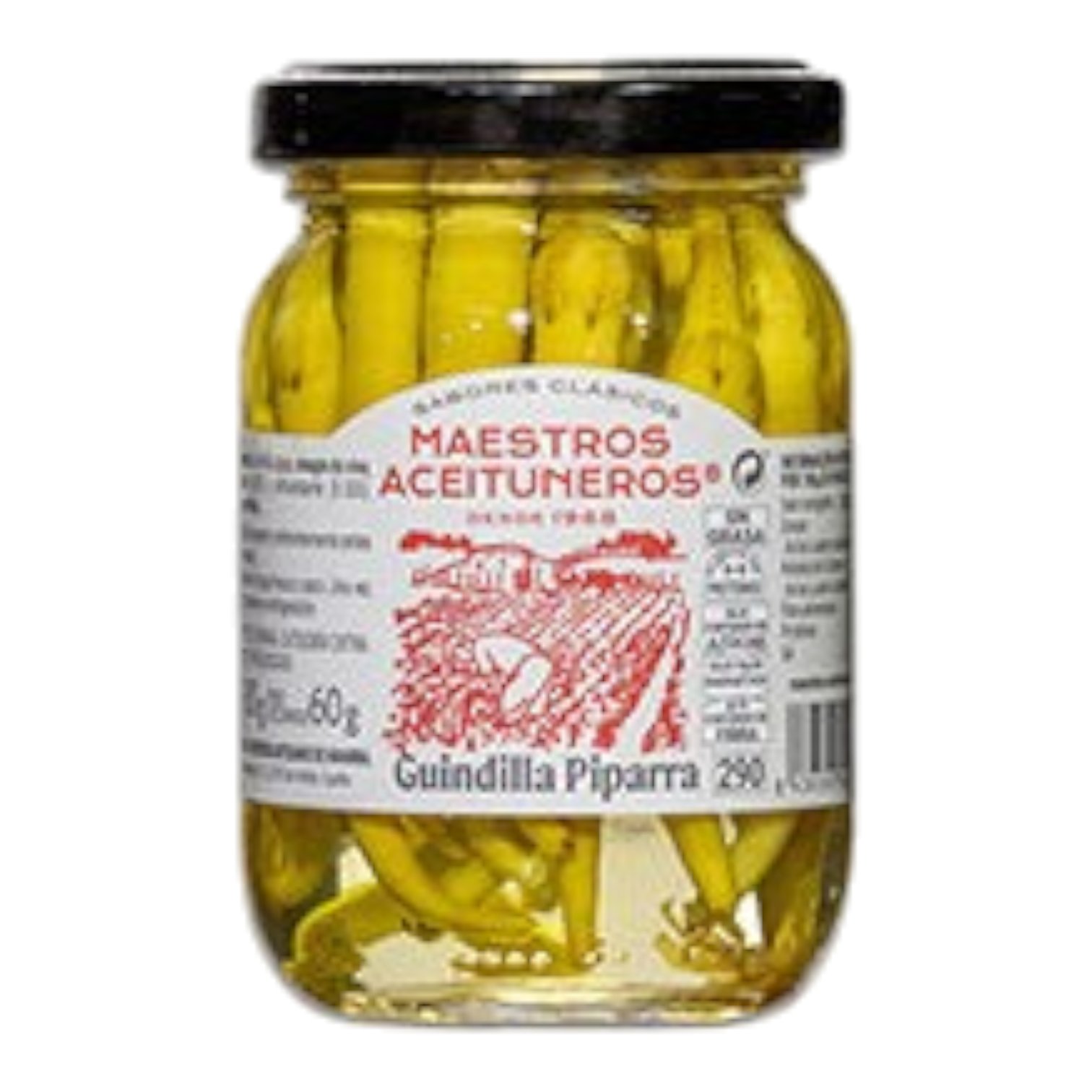 The Artisan Cheese Room jar of pickled Guindilla Piparra peppers in vinegar, featuring a white label with red text.