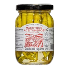 The Artisan Cheese Room jar of pickled Guindilla Piparra peppers in vinegar, featuring a white label with red text.