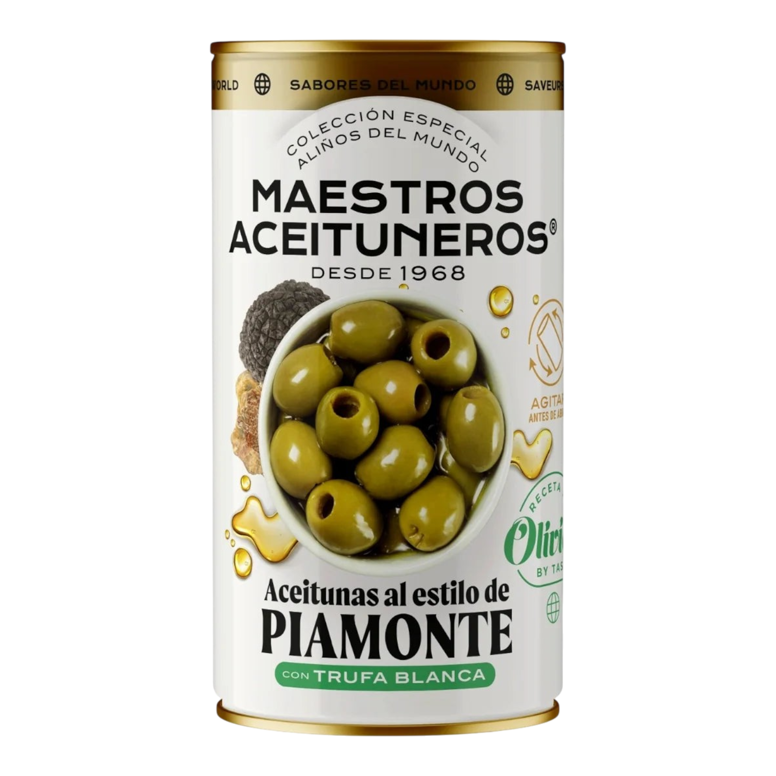 The Artisan Cheese Room white truffle stuffed green olives in a decorative tin with Piamonte style branding