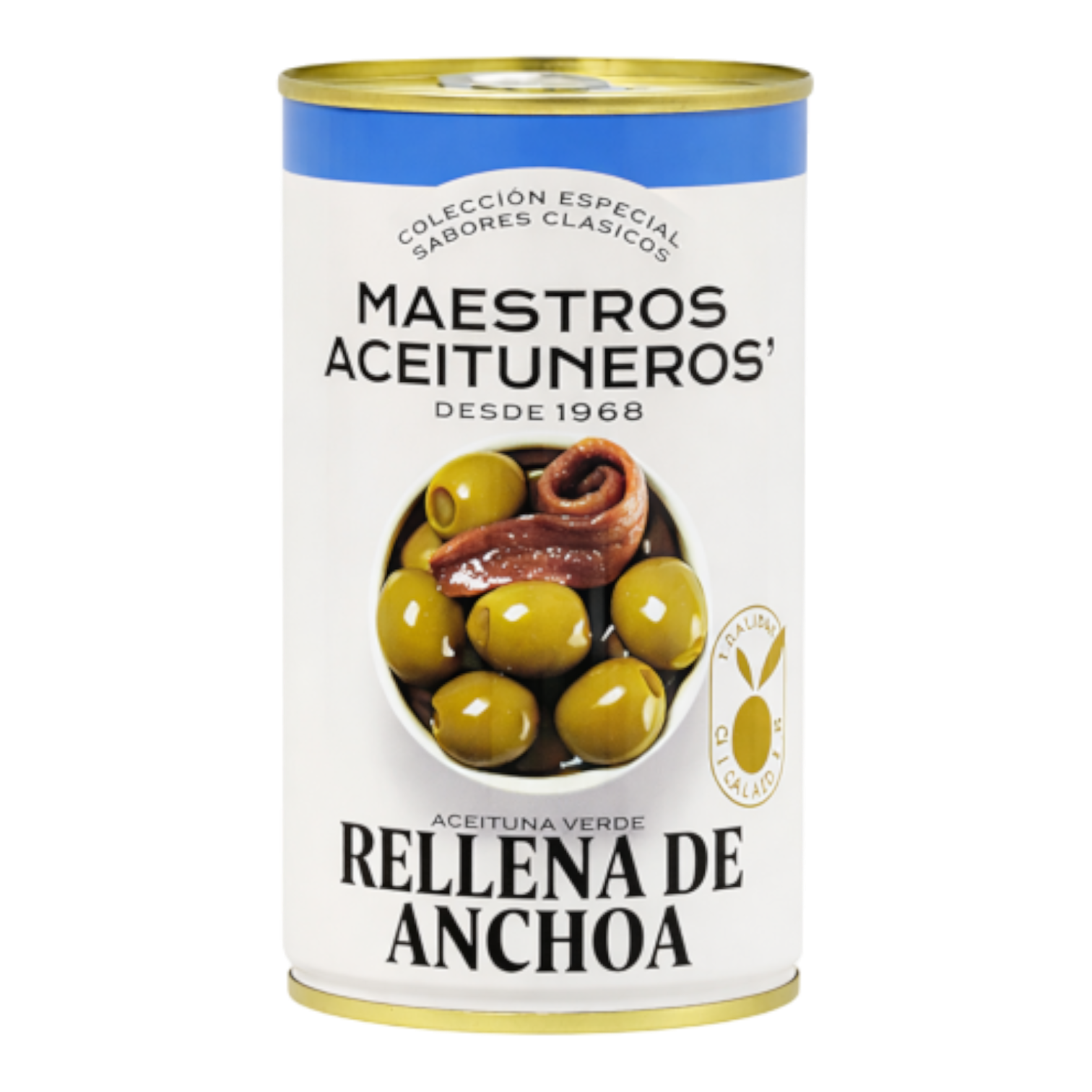 The Artisan Cheese Room tin of green olives stuffed with anchovies featuring a classic label design