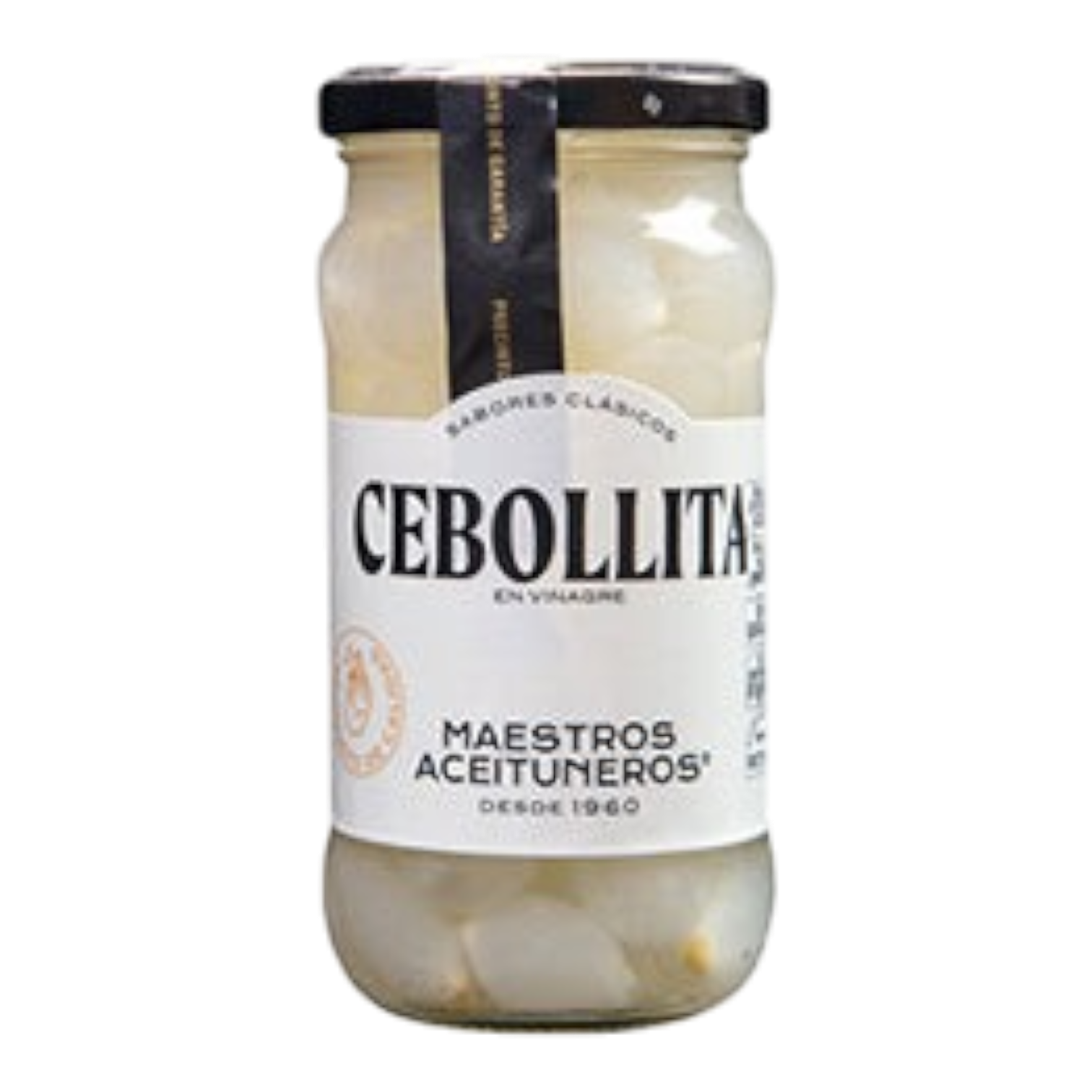 The Artisan Cheese Room Maestros Onions Cebollitas pickled in vinegar in a glass jar with black lid