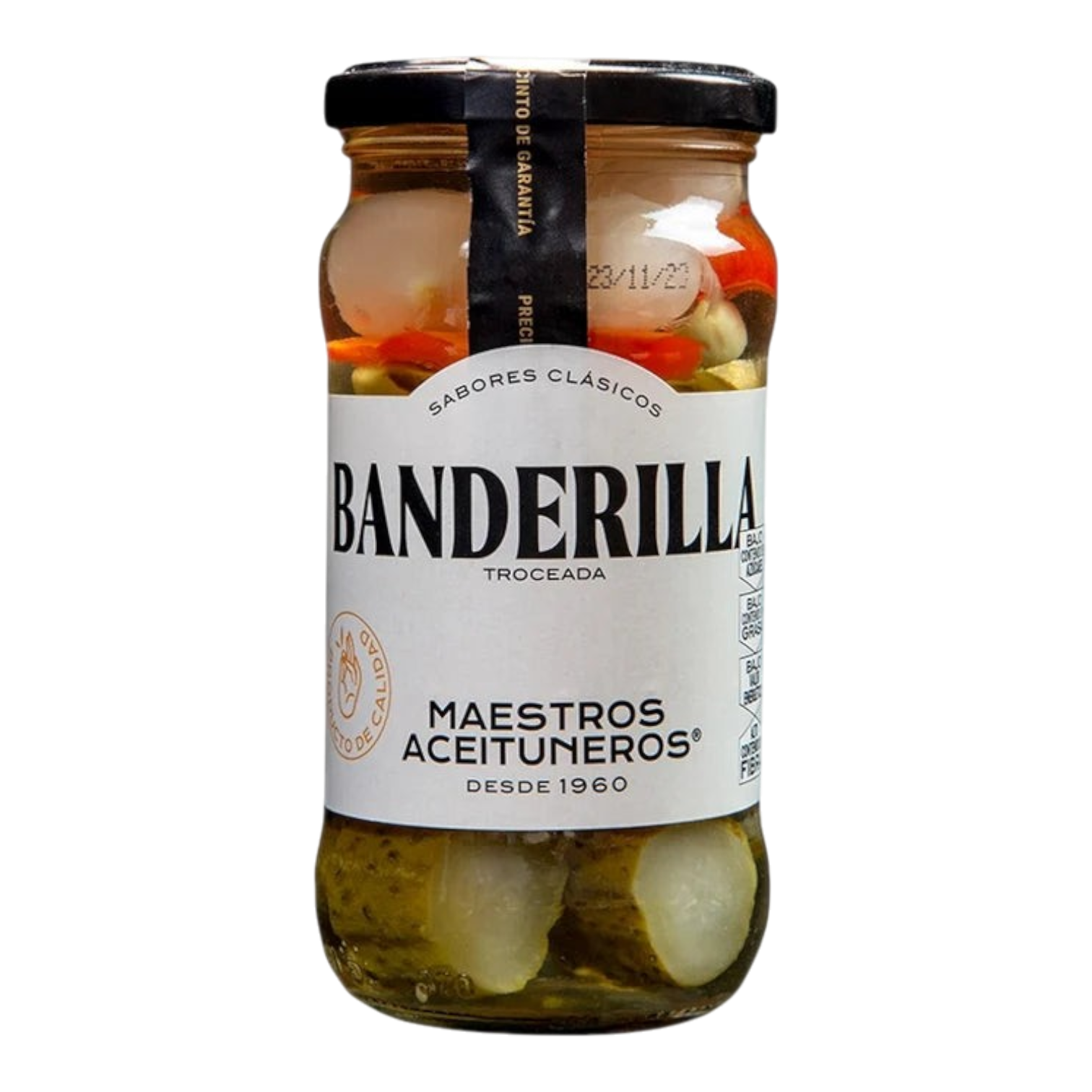 The Artisan Cheese Room Maestros Banderilla jar containing sliced pickles and peppers in brine