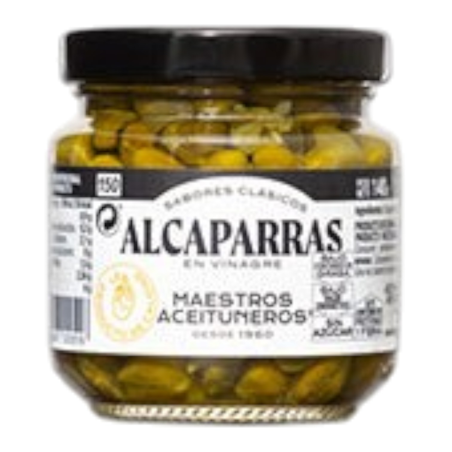 The Artisan Cheese Room Maestros Capers in a glass jar with a black lid, featuring a white label with black text.