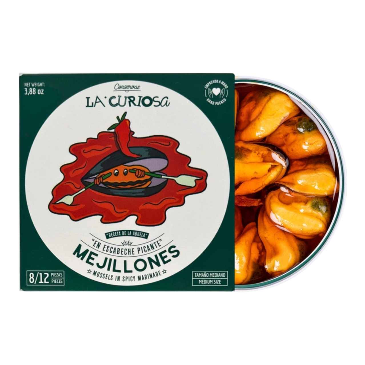 The Artisan Cheese Room La Curiosa canned mussels in spicy marinade with a whimsical illustrated label