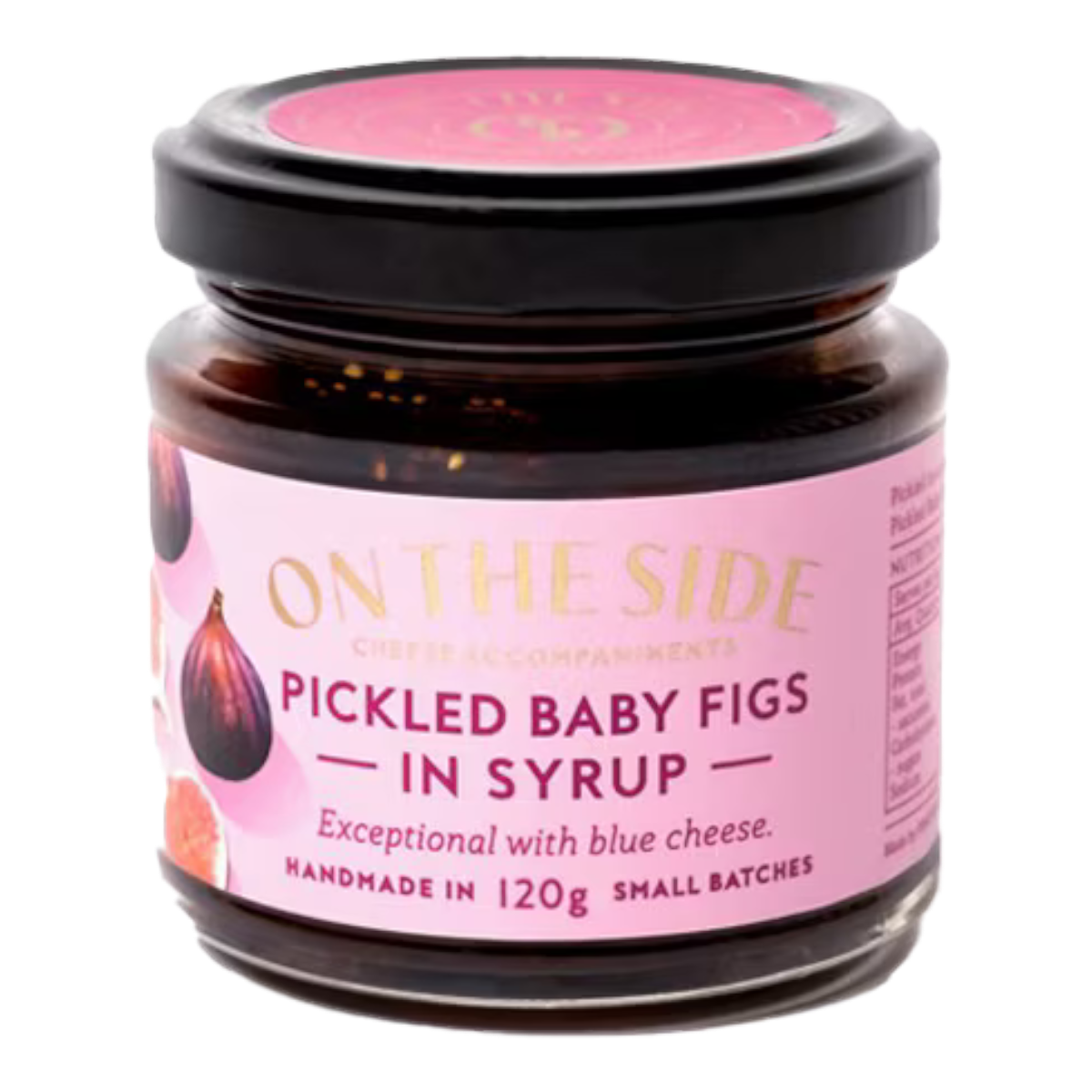 The Artisan Cheese Room jar of pickled baby figs in syrup with a pink label, perfect for pairing with blue cheese.