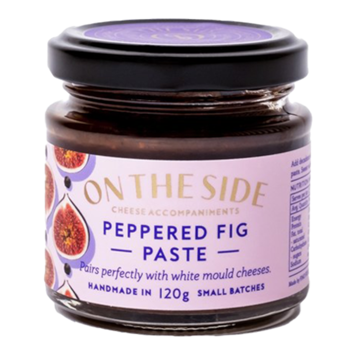 The Artisan Cheese Room Peppered Fig Paste in a small glass jar with a purple label featuring fig illustrations.