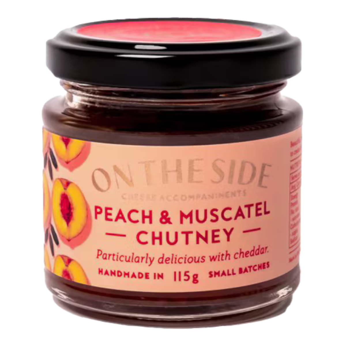 The Artisan Cheese Room On The Side peach and muscatel chutney in a small glass jar with a black lid.