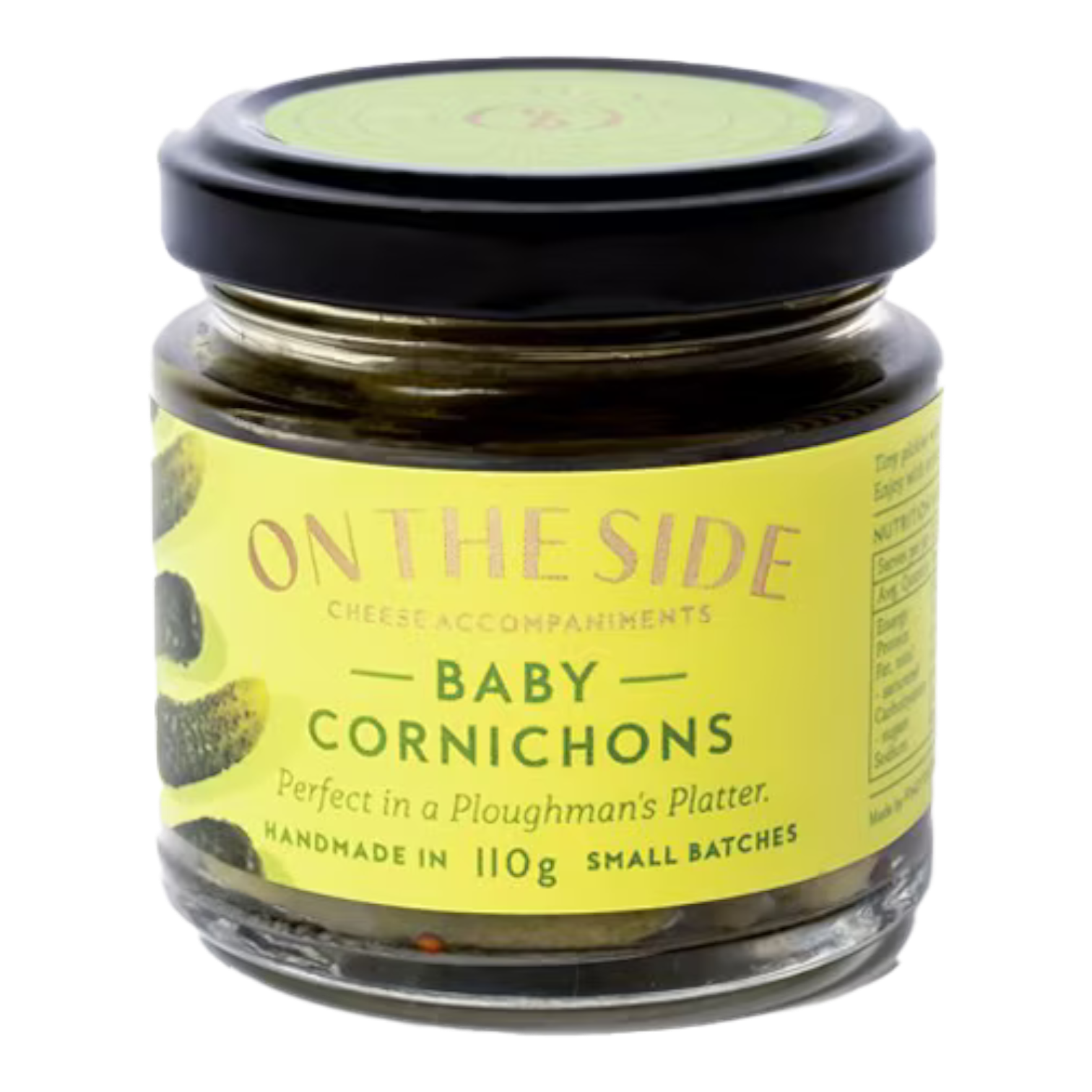 The Artisan Cheese Room jar of On The Side baby cornichons with a green label on a white background