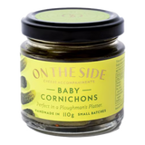 The Artisan Cheese Room jar of On The Side baby cornichons with a green label on a white background