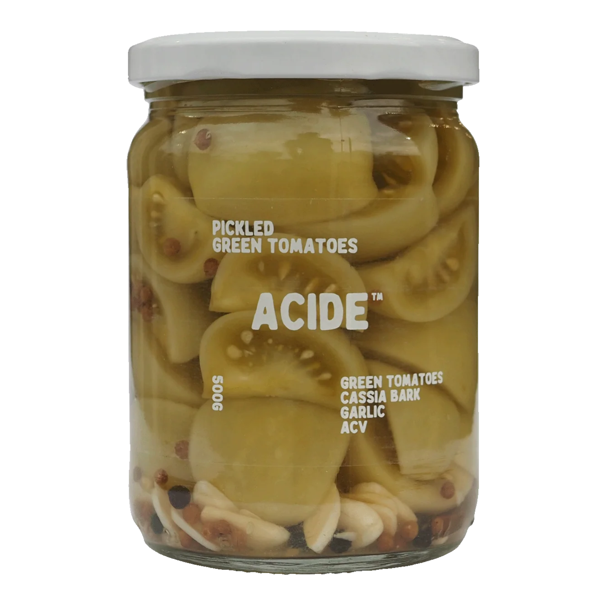 The Artisan Cheese Room Acide pickled green tomatoes in a glass jar with garlic and cassia bark
