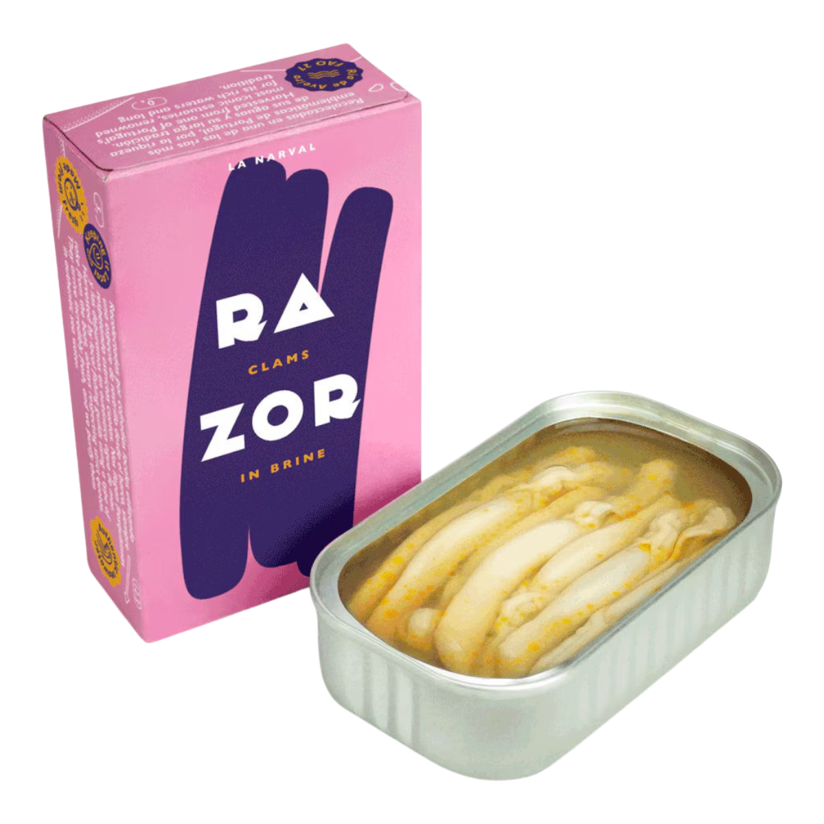 The Artisan Cheese Room La Narval razor clams in brine in a pink box next to an open tin of fresh shellfish.