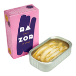 The Artisan Cheese Room La Narval razor clams in brine in a pink box next to an open tin of fresh shellfish.