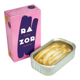 The Artisan Cheese Room La Narval razor clams in brine in a pink box next to an open tin of fresh shellfish.