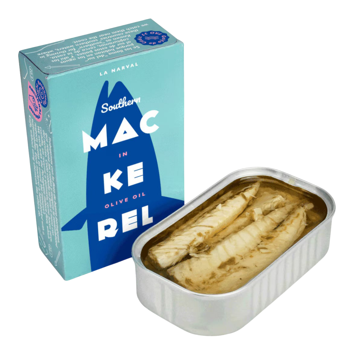 The Artisan Cheese Room La Narval mackerel fillets in olive oil next to their blue and white illustrated box.