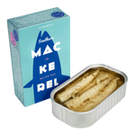 The Artisan Cheese Room La Narval mackerel fillets in olive oil next to their blue and white illustrated box.