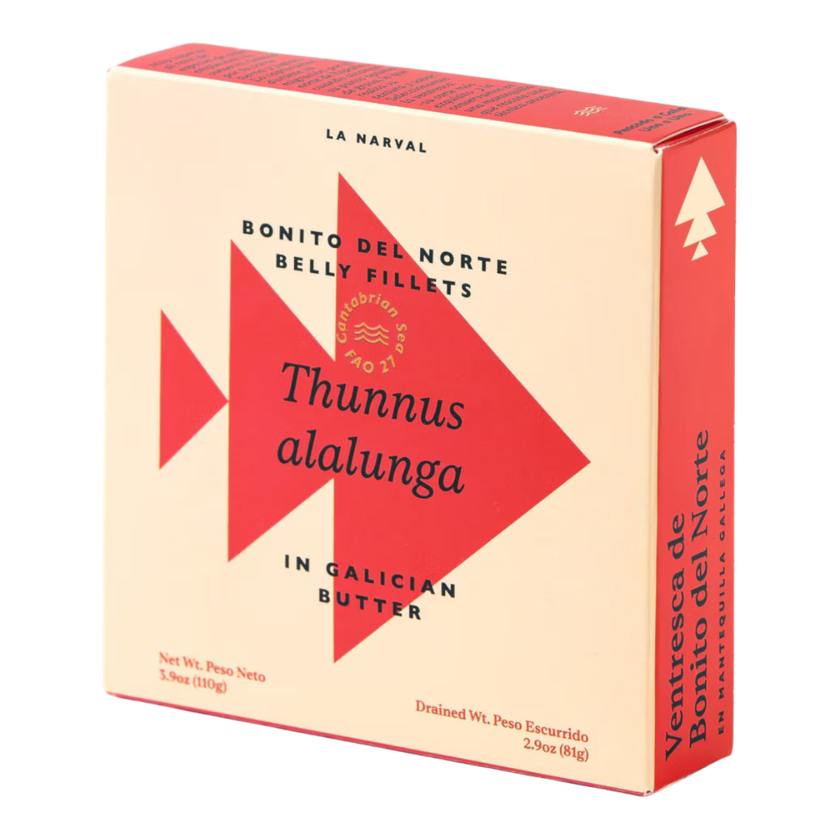 The Artisan Cheese Room La Narval Bonito del Norte tuna belly fillets in Galician butter in a cream and red box.
