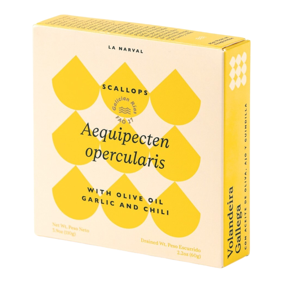 The Artisan Cheese Room La Narval Galician scallops in olive oil, garlic, and chilli in a yellow patterned box.