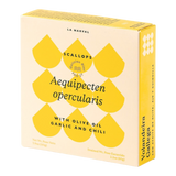The Artisan Cheese Room La Narval Galician scallops in olive oil, garlic, and chilli in a yellow patterned box.