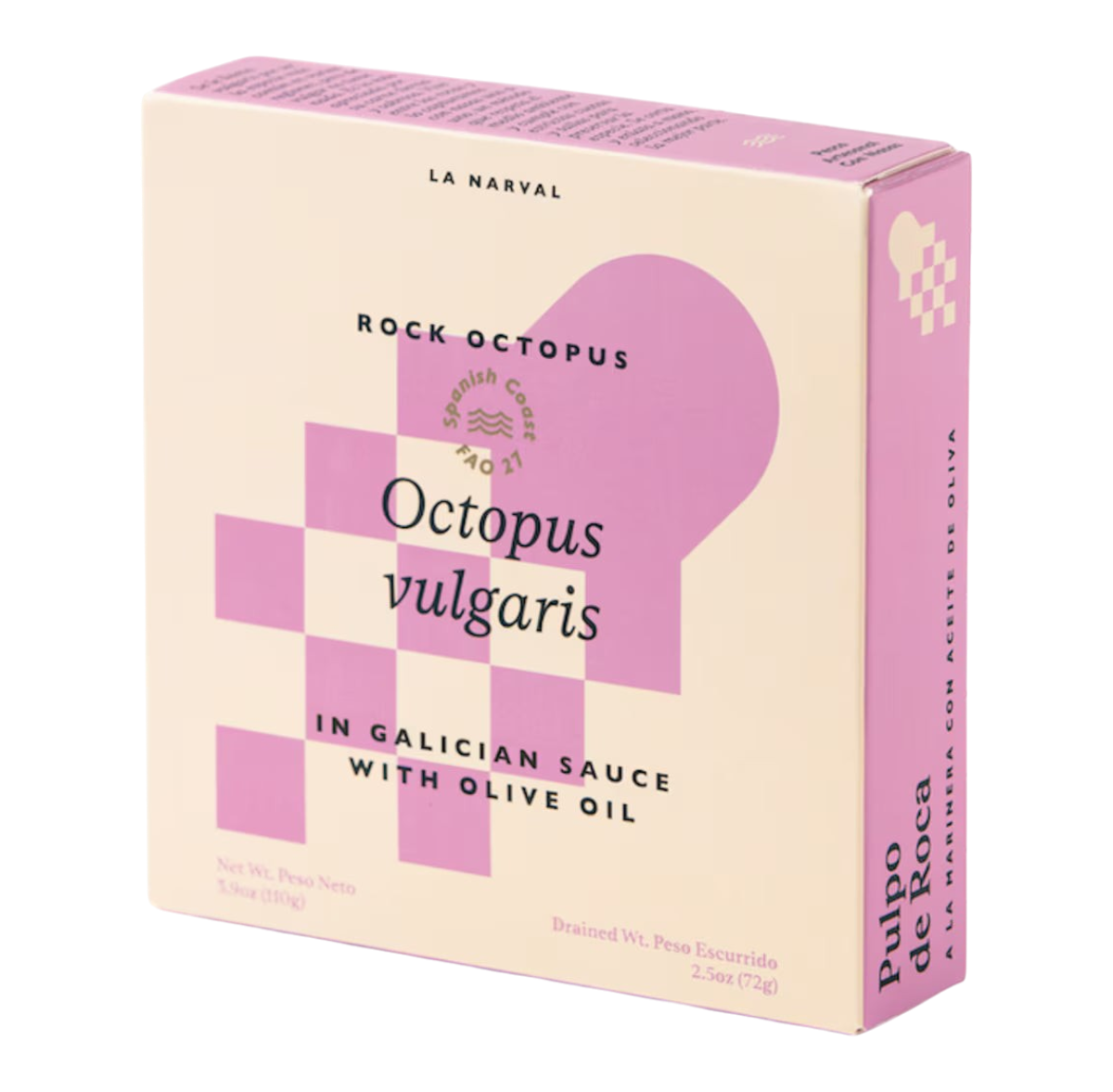 The Artisan Cheese Room La Narval rock octopus in Galician sauce with olive oil in a pink and cream rectangular box.