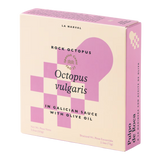 The Artisan Cheese Room La Narval rock octopus in Galician sauce with olive oil in a pink and cream rectangular box.