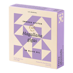 The Artisan Cheese Room La Narval smoked oysters in olive oil box with purple and cream geometric pattern