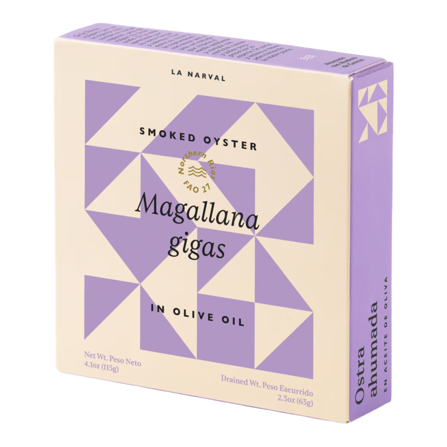 The Artisan Cheese Room La Narval smoked oysters in olive oil box with purple and cream geometric pattern