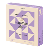 The Artisan Cheese Room La Narval smoked oysters in olive oil box with purple and cream geometric pattern