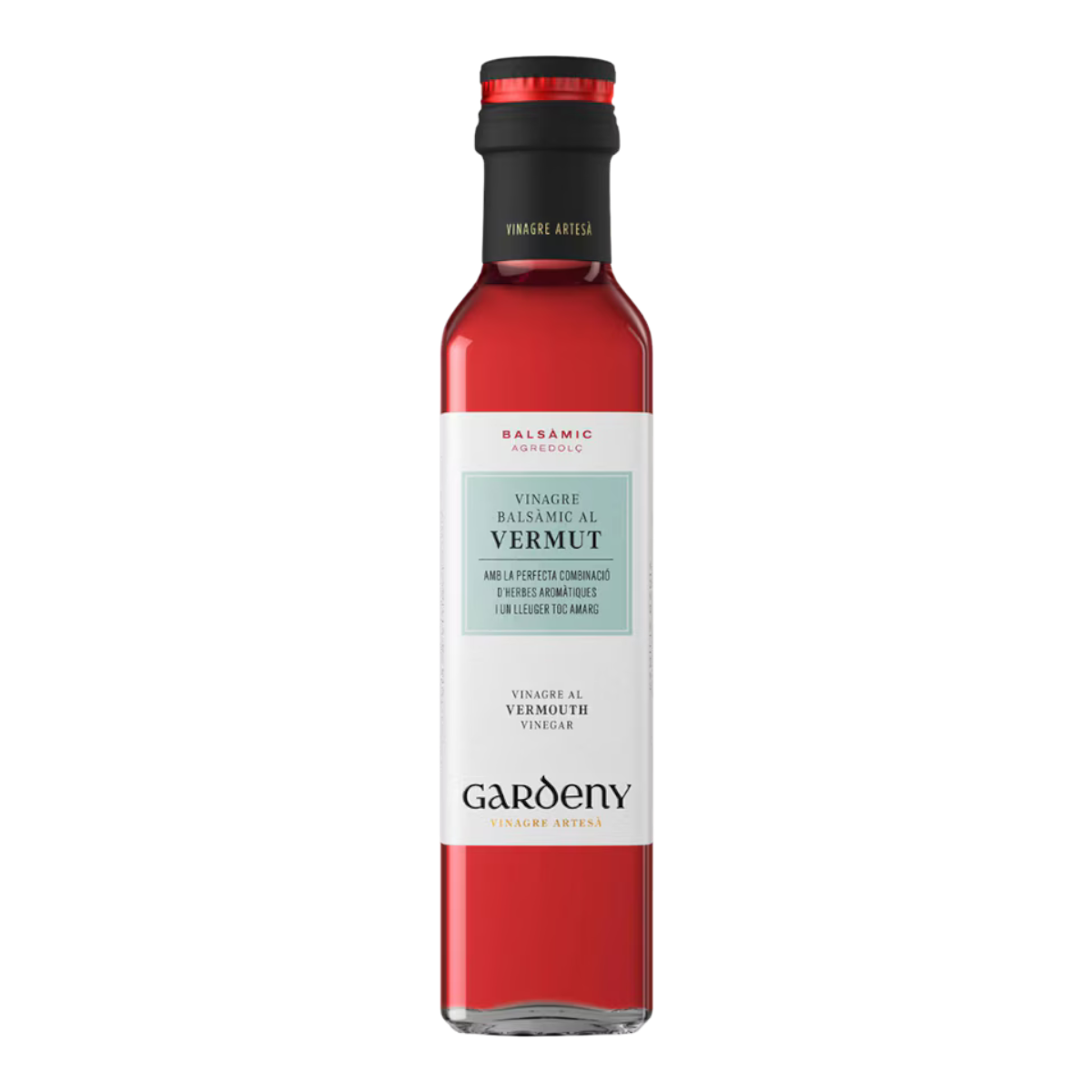 The Artisan Cheese Room Gardeny Vermut Vinegar in a clear glass bottle with a red liquid and black cap.
