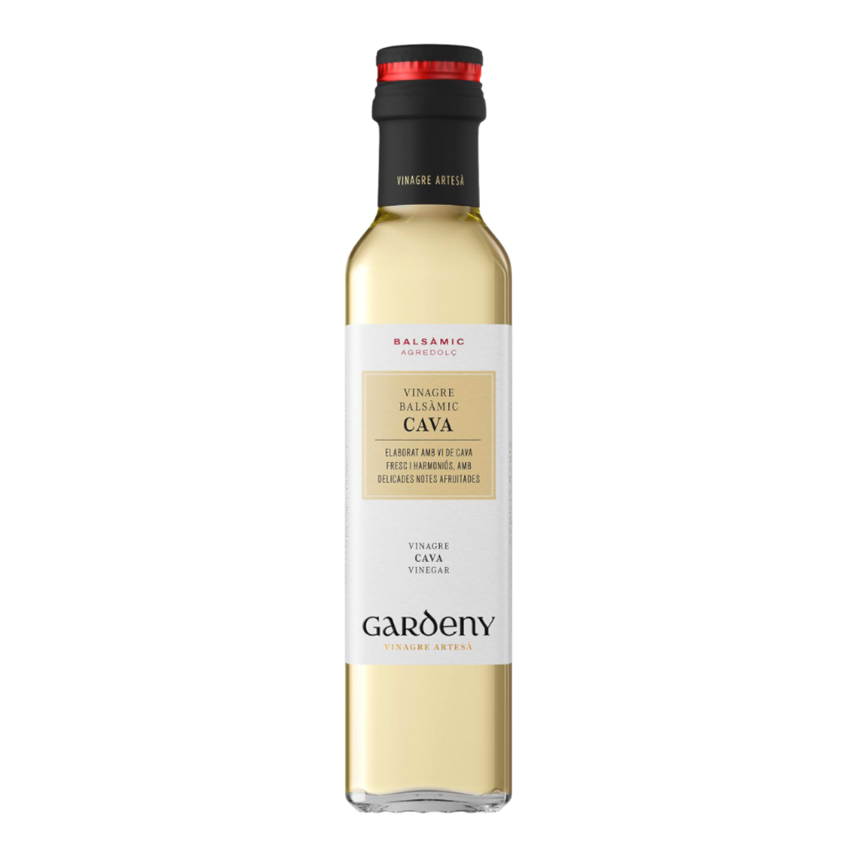 The Artisan Cheese Room Gardeny Cava vinegar in a clear glass bottle with a black cap and elegant cream label.