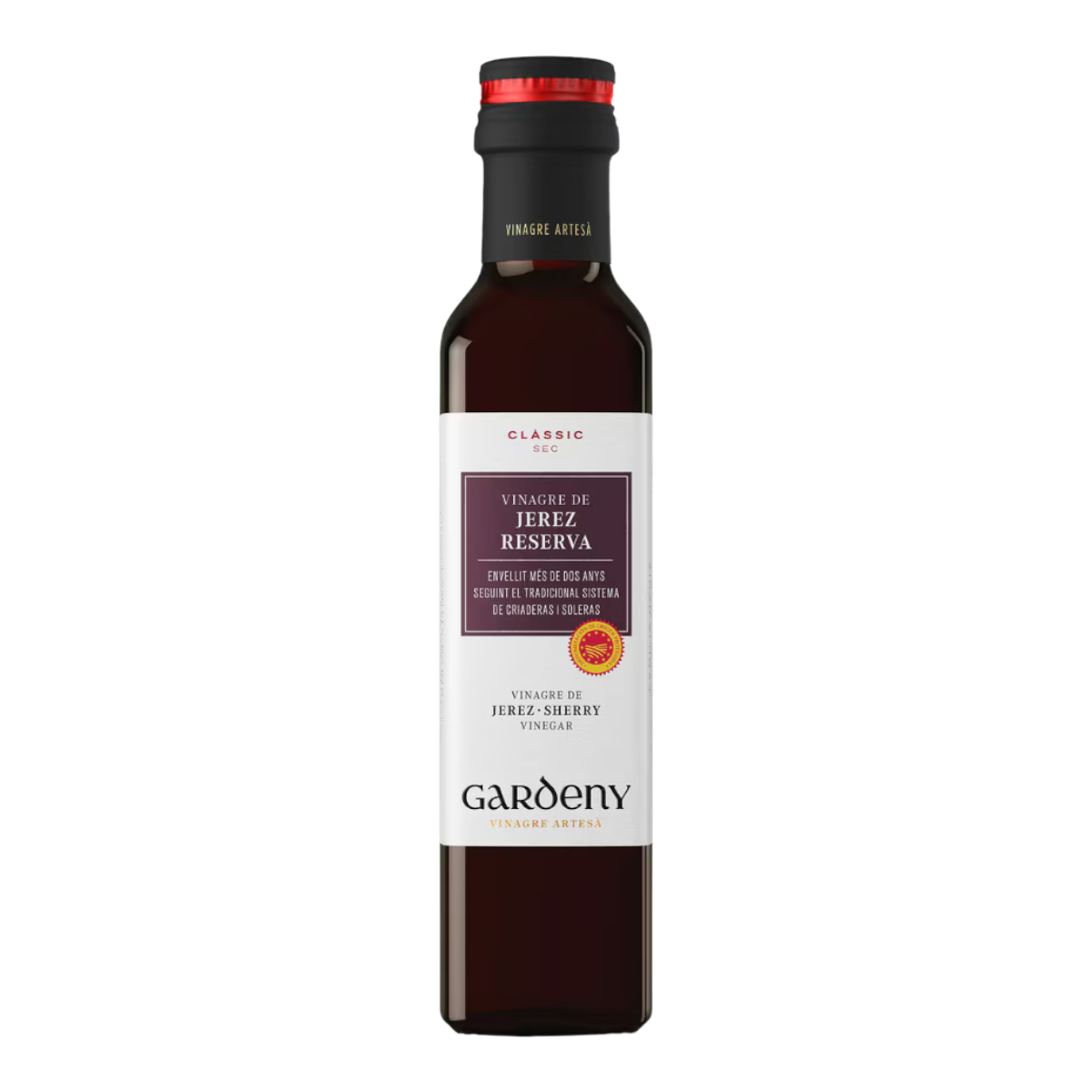 The Artisan Cheese Room Gardeny Reserve Sherry Vinegar in a glass bottle with a black cap and elegant label.