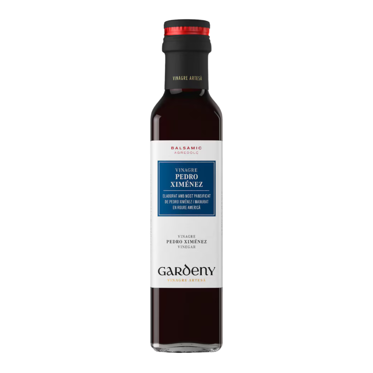 The Artisan Cheese Room Gardeny Pedro Ximenez balsamic vinegar in a tall glass bottle with a black cap.