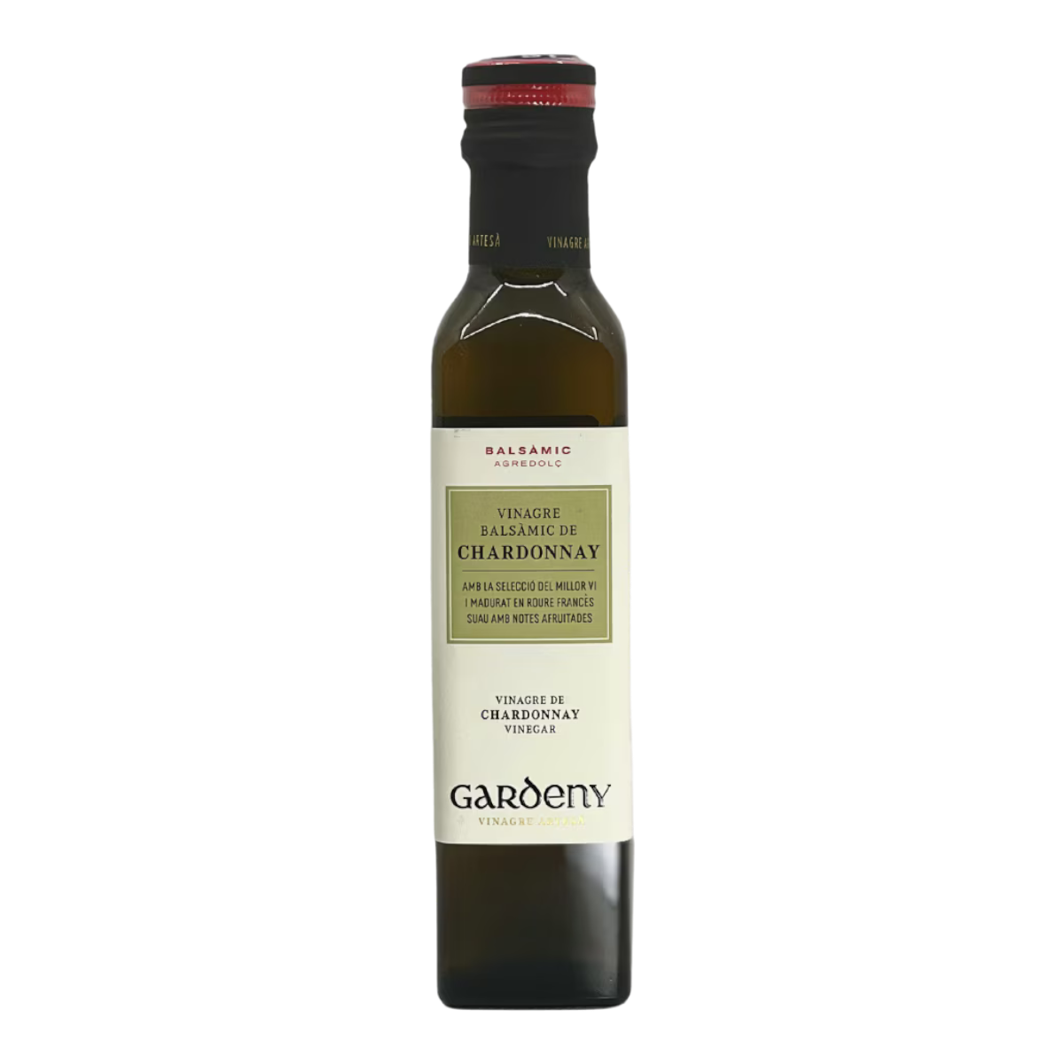 The Artisan Cheese Room Gardeny Chardonnay vinegar in a tall glass bottle with a cream label and red cap