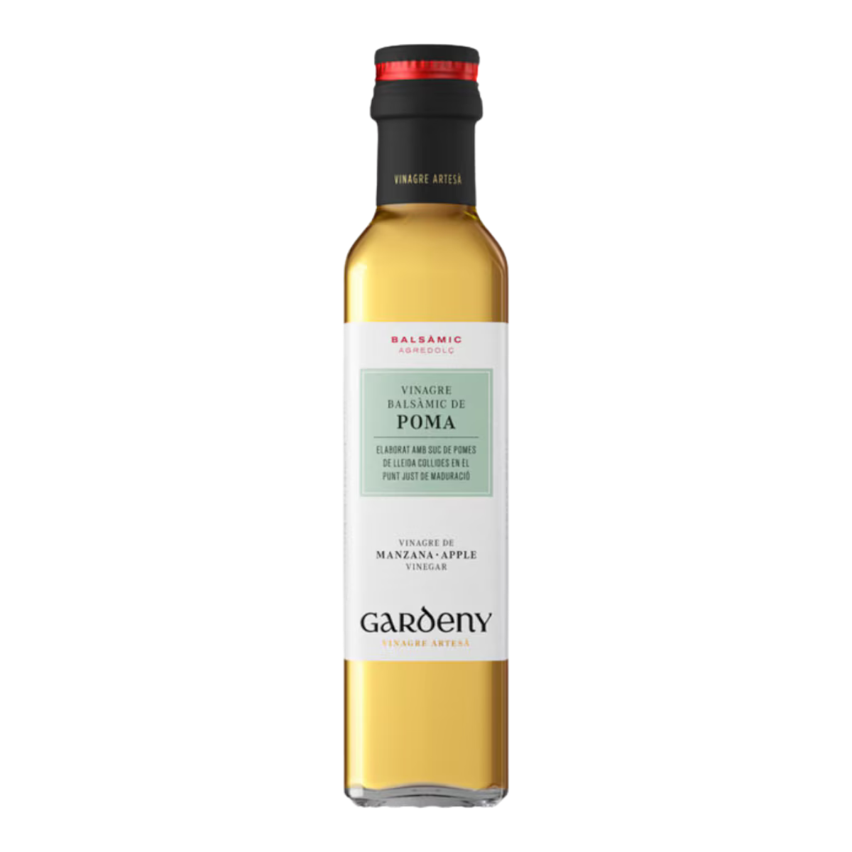 The Artisan Cheese Room Gardeny Poma apple vinegar in a clear glass bottle with a black cap and elegant label.
