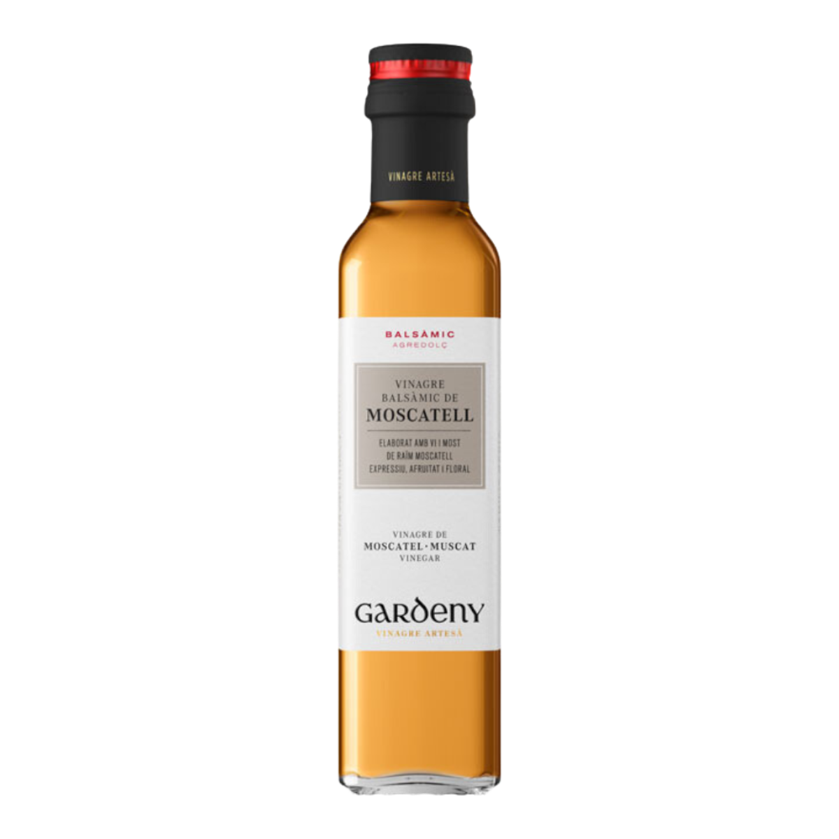 The Artisan Cheese Room Gardeny Moscatell balsamic vinegar in a clear glass bottle with a black cap and white label.