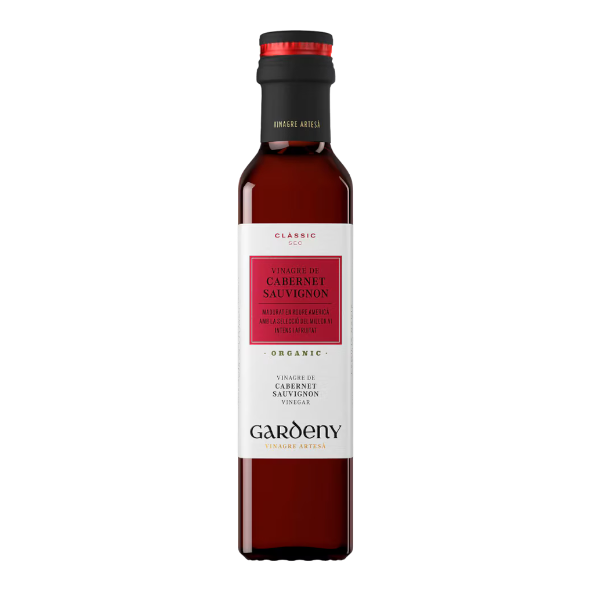 The Artisan Cheese Room Gardeny Cabernet Sauvignon vinegar in a glass bottle with a red label and black cap.