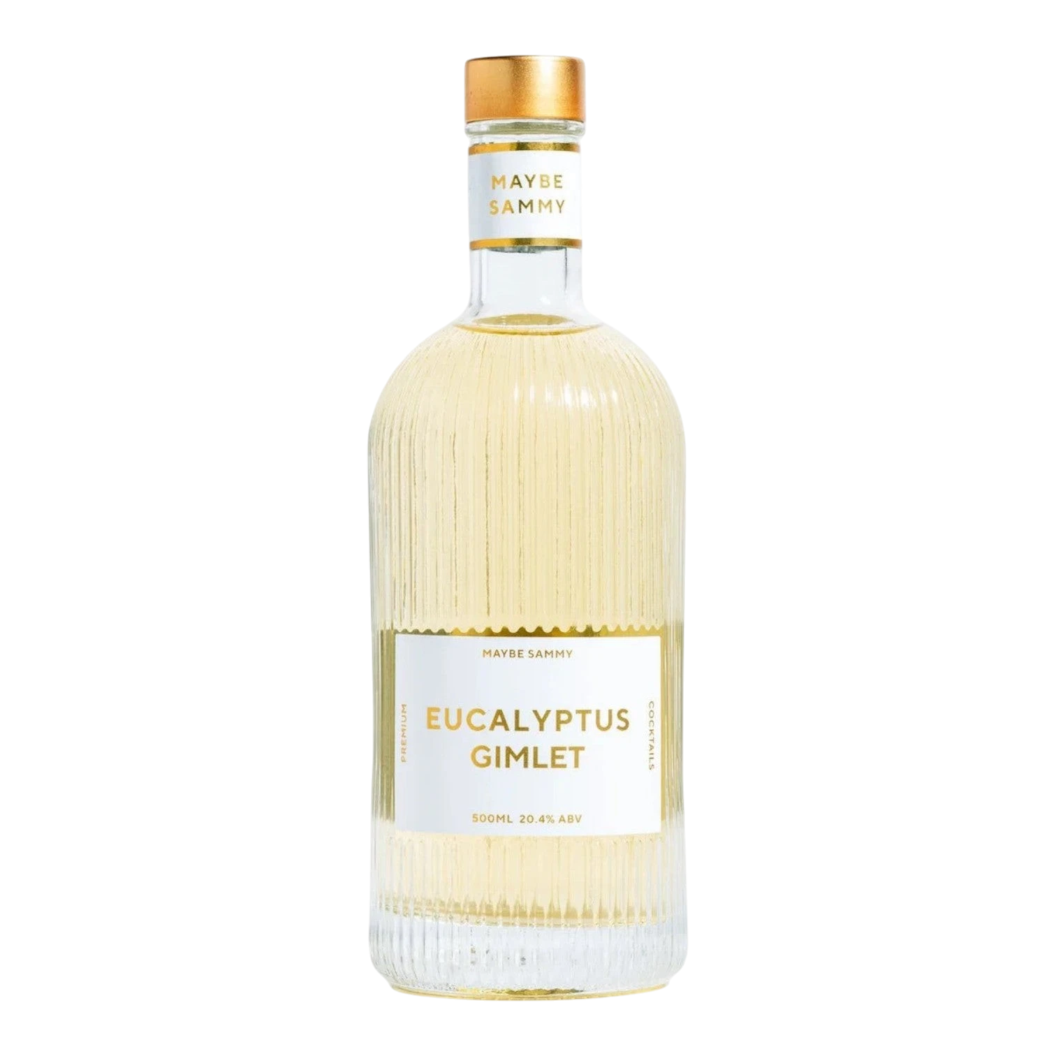 The Artisan Cheese Room Maybe Sammy Eucalyptus Gimlet cocktail in a ribbed glass bottle with gold cap and label