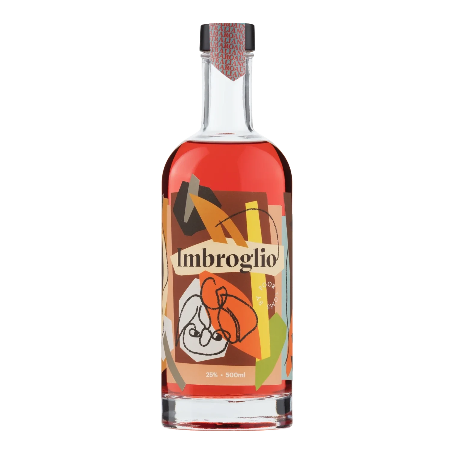 The Artisan Cheese Room Poor Toms Imbroglio Amaro bottle with vibrant abstract label art on a black background.