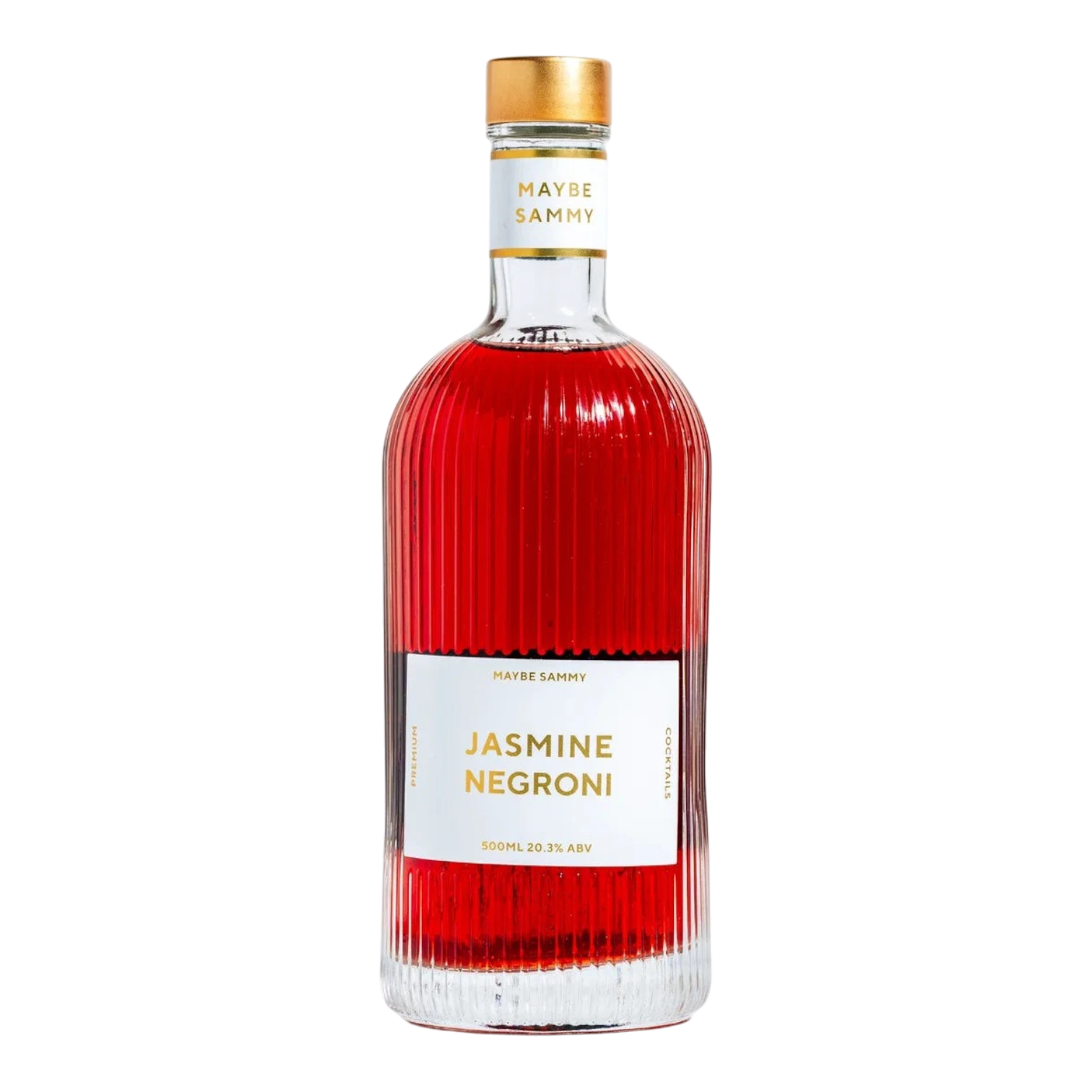 The Artisan Cheese Room Maybe Sammy Jasmine Negroni cocktail in a ribbed glass bottle with a gold cap