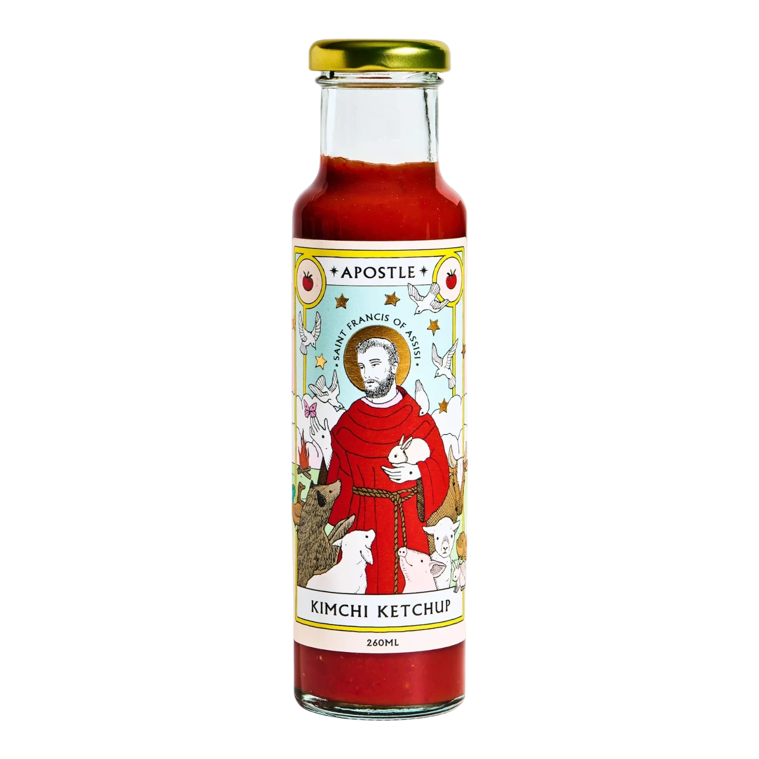 The Artisan Cheese Room Apostle Saint Francis of Assisi Kimchi Ketchup in a 260ml glass bottle with illustrated label