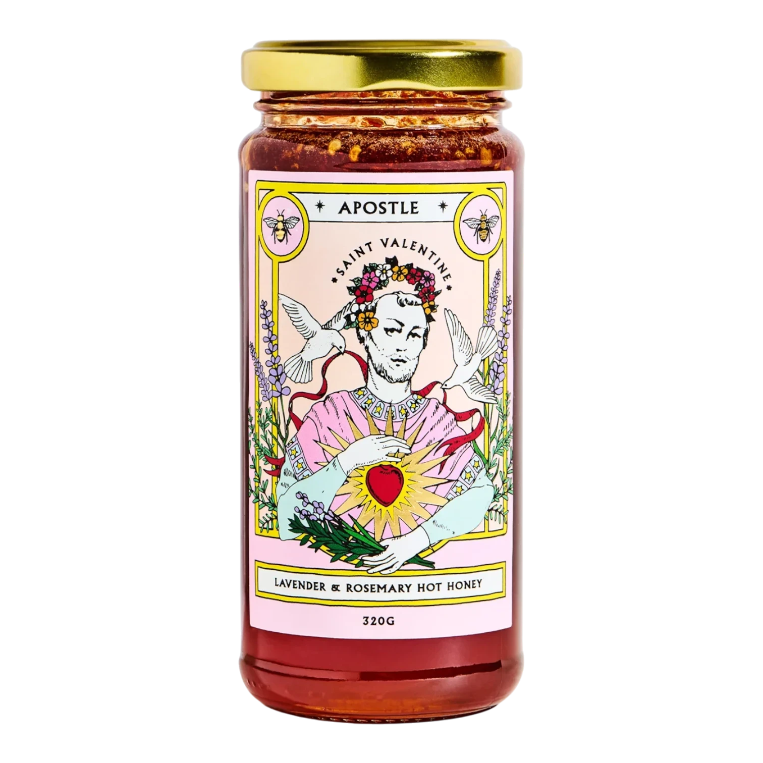 The Artisan Cheese Room Apostle Saint Valentine lavender and rosemary infused hot honey in a 320g glass jar