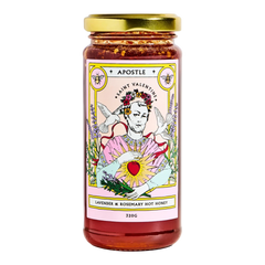 The Artisan Cheese Room Apostle Saint Valentine lavender and rosemary infused hot honey in a 320g glass jar